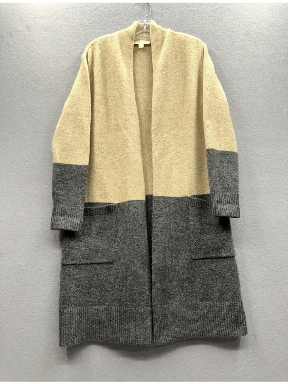 Michael Kors Cardigan Women S Long Open Front Beige Grey Pockets Colorblock EUC